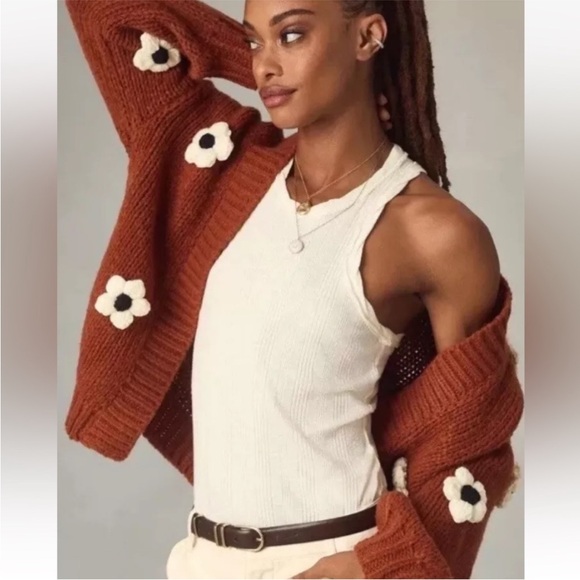 Anthropologie Maeve Susannah 3D Floral Chunky Knit Sweater Cardigan One Size - Picture 3 of 14